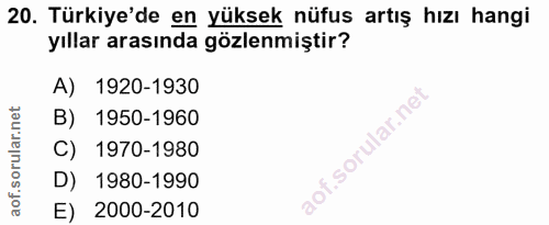 20. soru: Türkiye'de en yüksek nüfus artış hızı hangi yıllar arasında gözlenmiştir? A) 1920-1930 B) 1950-1960 C) 1970-1980 D) 1…