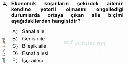 4. soru: Ekonomik koşulların çekirdek ailenin kendine yeterli olmasını engellediği durumlarda ortaya çıkan aile biçimi aşağıda…