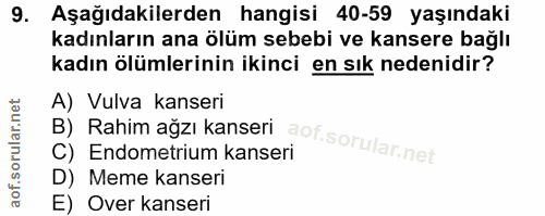 9. soru: Aşağıdakilerden hangisi 40-59 yaşındaki kadınların ana ölüm sebebi ve kansere bağlı kadın ölümlerinin ikinci en sık n…