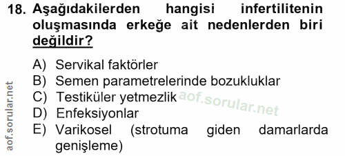 18. soru: Aşağıdakilerden hangisi infertilitenin oluşmasında erkeğe ait nedenlerden biri değildir? A) Servikal faktörler B) Sem…