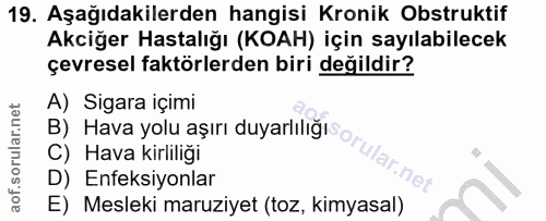19. soru: Aşağıdakilerden hangisi Kronik Obstruktif Akciğer Hastalığı (KOAH) için sayılabilecek çevresel faktörlerden biri deği…