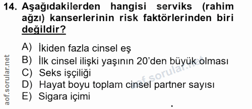 14. soru: Aşağıdakilerden hangisi serviks (rahim ağzı) kanserlerinin risk faktörlerinden biri değildir? A) İkiden fazla cinsel…