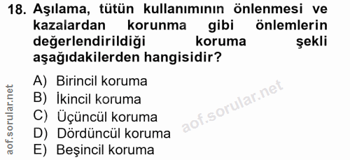 18. soru: Aşılama, tütün kullanımının önlenmesi ve kazalardan korunma gibi önlemlerin değerlendirildiği koruma şekli aşağıdakil…