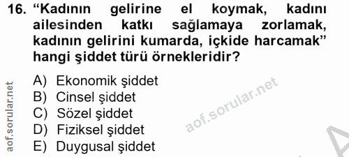 16. soru: "Kadının gelirine el koymak, kadinı ailesinden katkı sağlamaya zorlamak, kadının gelirini kumarda, içkide harcamak" h…