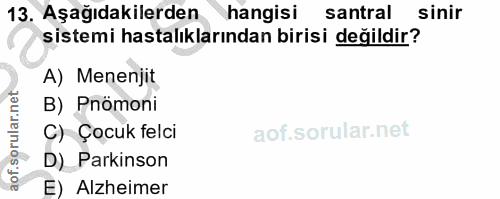 13. soru: Aşağıdakilerden hangisi santral sinir sistemi hastalıklarından birisi değildir? A) Menenjit B) Pnömoni C) Çocuk felci…