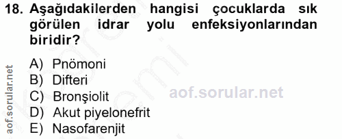 18. soru: Aşağıdakilerden hangisi çocuklarda sık görülen idrar yolu enfeksiyonlarından biridir? A) Pnömoni B) Difteri C) Bronși…