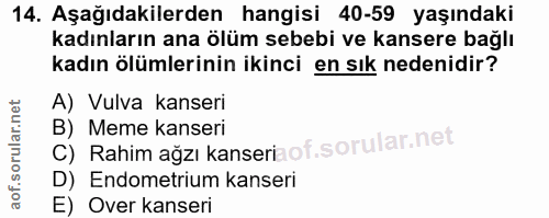 14. soru: Aşağıdakilerden hangisi 40-59 yaşındaki kadınların ana ölüm sebebi ve kansere bağlı kadın ölümlerinin ikinci en sık n…