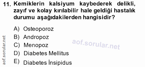 11. soru: Kemiklerin kalsiyum kaybederek delikli, zayıf ve kolay kırılabilir hale geldiği hastalık durumu aşağıdakilerden hangi…