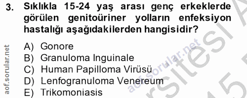 3. soru: Sıklıkla 15-24 yaş arası genç erkeklerde görülen genitoüriner yolların enfeksiyon hastalığı aşağıdakilerden hangisidi…