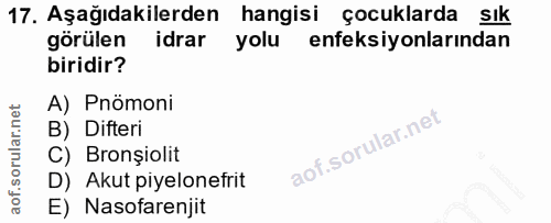 17. soru: Aşağıdakilerden hangisi çocuklarda sık görülen idrar yolu enfeksiyonlarından biridir? A) Pnömoni B) Difteri C) Bronşi…