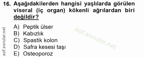 16. soru: Aşağıdakilerden hangisi yaşlılarda görülen viseral (iç organ) kökenli ağrılardan biri değildir? A) Peptik ülser B) Ka…