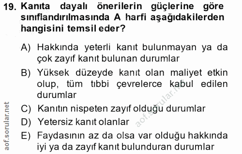 19. soru: Kanıta dayalı önerilerin güçlerine göre sınıflandırılmasında A harfi aşağıdakilerden hangisini temsil eder? A) Hakkın…