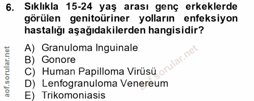 6. soru: Sıklıkla 15-24 yaş arası genç erkeklerde görülen genitoüriner yolların enfeksiyon hastalığı aşağıdakilerden hangisidi…