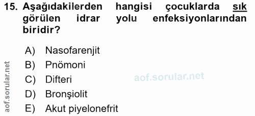 15. soru: Aşağıdakilerden hangisi çocuklarda sık görülen idrar yolu enfeksiyonlarından biridir? A) Nasofarenjit B) Pnömoni C) D…