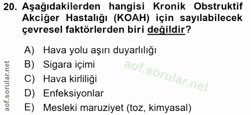 20. soru: Aşağıdakilerden hangisi Kronik Obstruktif Akciğer Hastalığı (KOAH) için sayılabilecek çevresel faktörlerden biri deği…