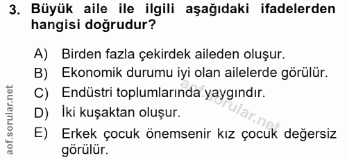 3. soru: Büyük aile ile ilgili aşağıdaki ifadelerden hangisi doğrudur? A) Birden fazla çekirdek aileden oluşur. B) Ekonomik du…