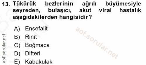 13. soru: Tükürük bezlerinin ağrılı büyümesiyle seyreden, bulaşıcı, akut viral hastalık aşağıdakilerden hangisidir? A) Ensefali…