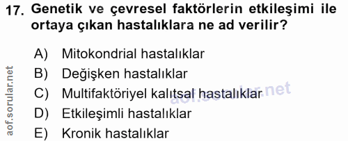 17. soru: Genetik ve çevresel faktörlerin etkileşimi ile ortaya çıkan hastalıklara ne ad verilir? A) Mitokondrial hastalıklar B…