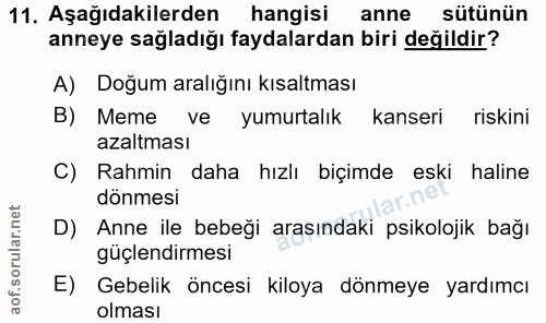 11. soru: Aşağıdakilerden hangisi anne sütünün anneye sağladığı faydalardan biri değildir? A) Doğum aralığını kısaltması B) Mem…