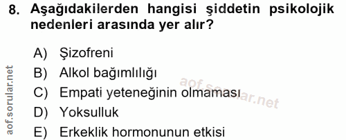 8. soru: Aşağıdakilerden hangisi şiddetin psikolojik nedenleri arasında yer alır? A) Şizofreni B) Alkol bağımlılığı C) Empati…