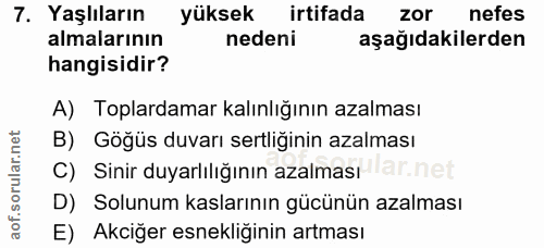 7. soru: Yaşlıların yüksek irtifada zor nefes almalarının nedeni aşağıdakilerden hangisidir? A) Toplardamar kalınlığının azalm…