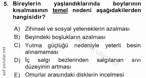 5. soru: Bireylerin yaşlandıklarında boylarının kısalmasının temel nedeni aşağıdakilerden hangisidir? A) Zihinsel ve sosyal ye…