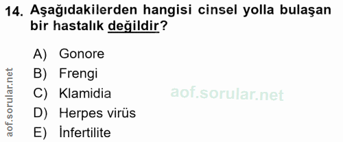14. soru: Aşağıdakilerden hangisi cinsel yolla bulaşan bir hastalık değildir? A) Gonore rular.net B) Frengi C) Klamidia D) Herp…