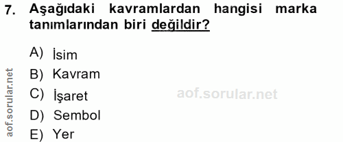 7. soru: Aşağıdaki kavramlardan hangisi marka tanımlarından biri değildir? A) İsim B) Kavram C) İşaret D) Sembol E) Yer