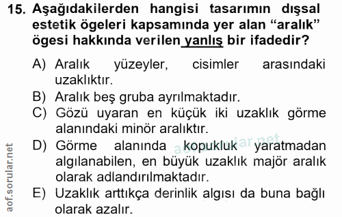 15. soru: Aşağıdakilerden hangisi tasarımın dışsal estetik ögeleri kapsamında yer alan "aralık" ögesi hakkında verilen yanlış b…