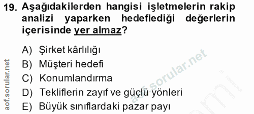 19. soru: Aşağıdakilerden hangisi işletmelerin rakip analizi yaparken hedeflediği değerlerin içerisinde yer almaz? A) Şirket kâ…
