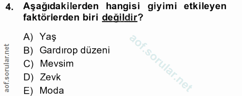 4. soru: Aşağıdakilerden hangisi giyimi etkileyen faktörlerden biri değildir? A) Yaş B) Gardırop düzeni C) Mevsim D) Zevk E) Moda