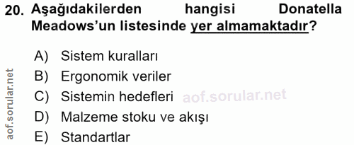 20. soru: Aşağıdakilerden hangisi Donatella Meadows'un listesinde yer almamaktadır? A) Sistem kuralları B) Ergonomik veriler C)…