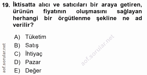 19. soru: Iktisatta alıcı ve satıcıları bir araya getiren, ürünün fiyatının oluşmasını sağlayan herhangi bir örgütlenme şekline…