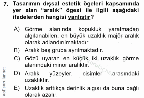 7. soru: Tasarımın dışsal estetik ögeleri kapsamında yer alan "aralık" ögesi ile ilgili aşağıdaki ifadelerden hangisi yanlıştı…