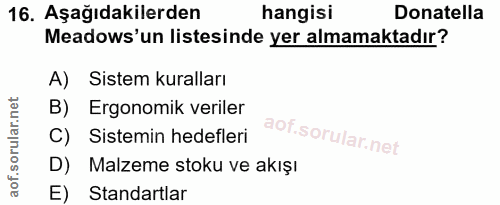 16. soru: Aşağıdakilerden hangisi Donatella Meadows'un listesinde yer almamaktadır? A) Sistem kuralları B) Ergonomik veriler C)…