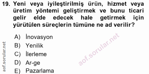 19. soru: Yeni veya iyileştirilmiş ürün, hizmet veya üretim yöntemi geliştirmek ve bunu ticari gelir elde edecek hale getirmek…