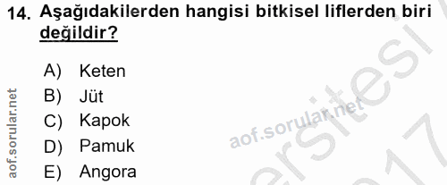 14. soru: Aşağıdakilerden hangisi bitkisel liflerden biri değildir? A) Keten B) Jüt C) Kapok aof sorular,ne D) Pamuk E) Angora