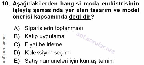 10. soru: Aşağıdakilerden hangisi moda endüstrisinin işleyiş şemasında yer alan tasarım ve model önerisi kapsamında değildir? A…