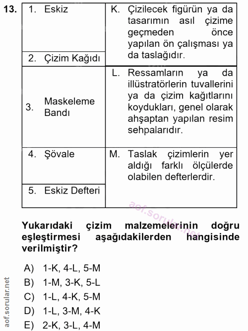 13. soru: 1. Eskiz K. Çizilecek figürün ya da tasarımın asıl çizime geçmeden önce yapılan ön çalışması ya 2. Çizim Kağıdı da ta…