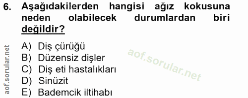 6. soru: Aşağıdakilerden hangisi ağız kokusuna neden olabilecek durumlardan biri değildir? A) Diş çürüğü B) Düzensiz dişler C)…