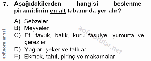 7. soru: Aşağıdakilerden hangisi beslenme piramidinin en alt tabaninda yer alır? A) Sebzeler B) Meyveler C) Et, tavuk, balık,…