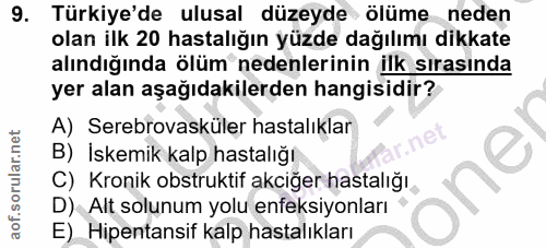 9. soru: Türkiye'de ulusal düzeyde ölüme neden olan ilk 20 hastalığın yüzde dağılımı dikkate alındığında ölüm nedenlerinin ilk…