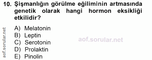 10. soru: Şişmanlığın görülme eğiliminin artmasında genetik olarak hangi hormon eksikliği etkilidir? A) Melatonin B) Leptin C)…