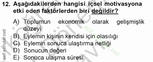12. soru: Aşağıdakilerden hangisi içsel motivasyona etki eden faktörlerden biri değildir? A) Toplumun ekonomik olarak gelişmişl…