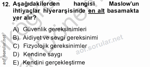 12. soru: Aşağıdakilerden hangisi Maslow'un ihtiyaçlar hiyerarşisinde en alt basamakta yer alır? A) Güvenlik gereksinimleri C)…