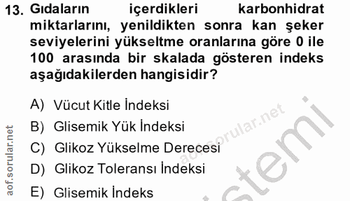 13. soru: Gidaların içerdikleri karbonhidrat miktarlarını, yenildikten sonra kan şeker seviyelerini yükseltme oranlarına göre 0…
