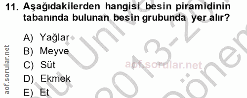 11. soru: Aşağıdakilerden hangisi besin piramidinin tabanında bulunan besin grubunda yer alır? A) Yağlar• B) Meyve C) Süt aof s…