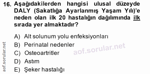 16. soru: Aşağıdakilerden hangisi ulusal düzeyde DALY (Sakatlığa Ayarlanmış Yaşam Yılı)'e neden olan ilk 20 hastalığın dağılımı…