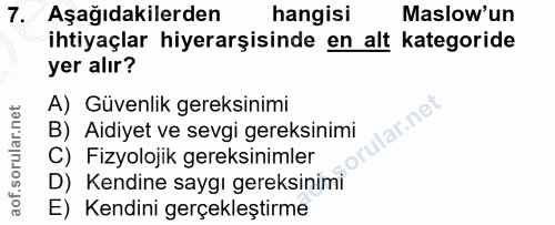 7. soru: Aşağıdakilerden hangisi Maslow'un ihtiyaçlar hiyerarşisinde en alt kategoride yer alır? A) Güvenlik gereksinimi ar.ne…