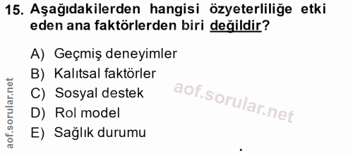 15. soru: Aşağıdakilerden hangisi özeterliliğe etki eden ana faktörlerden biri değildir? A) Geçmiş deneyimler B) Kalıtsal faktö…